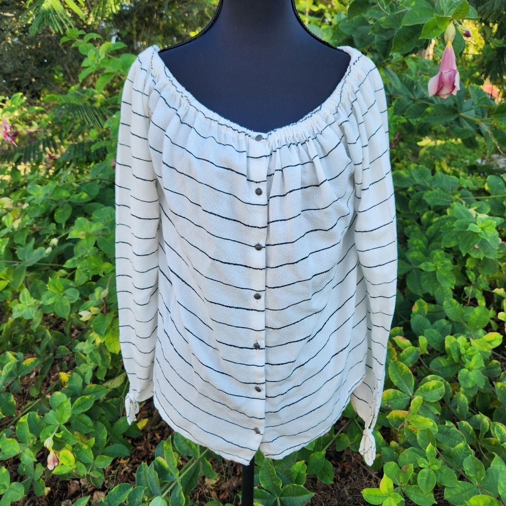 Roxy Women's Ms. Brightside Off The Shoulder Striped Shirt Size M Vintage Y2K